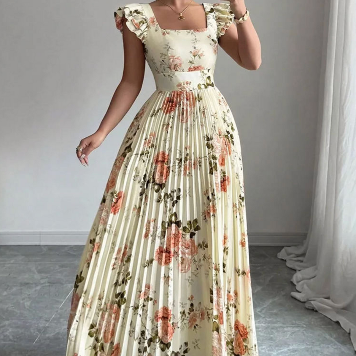Square Neck Ruffle Sleeve High-Waist Women’s Dress