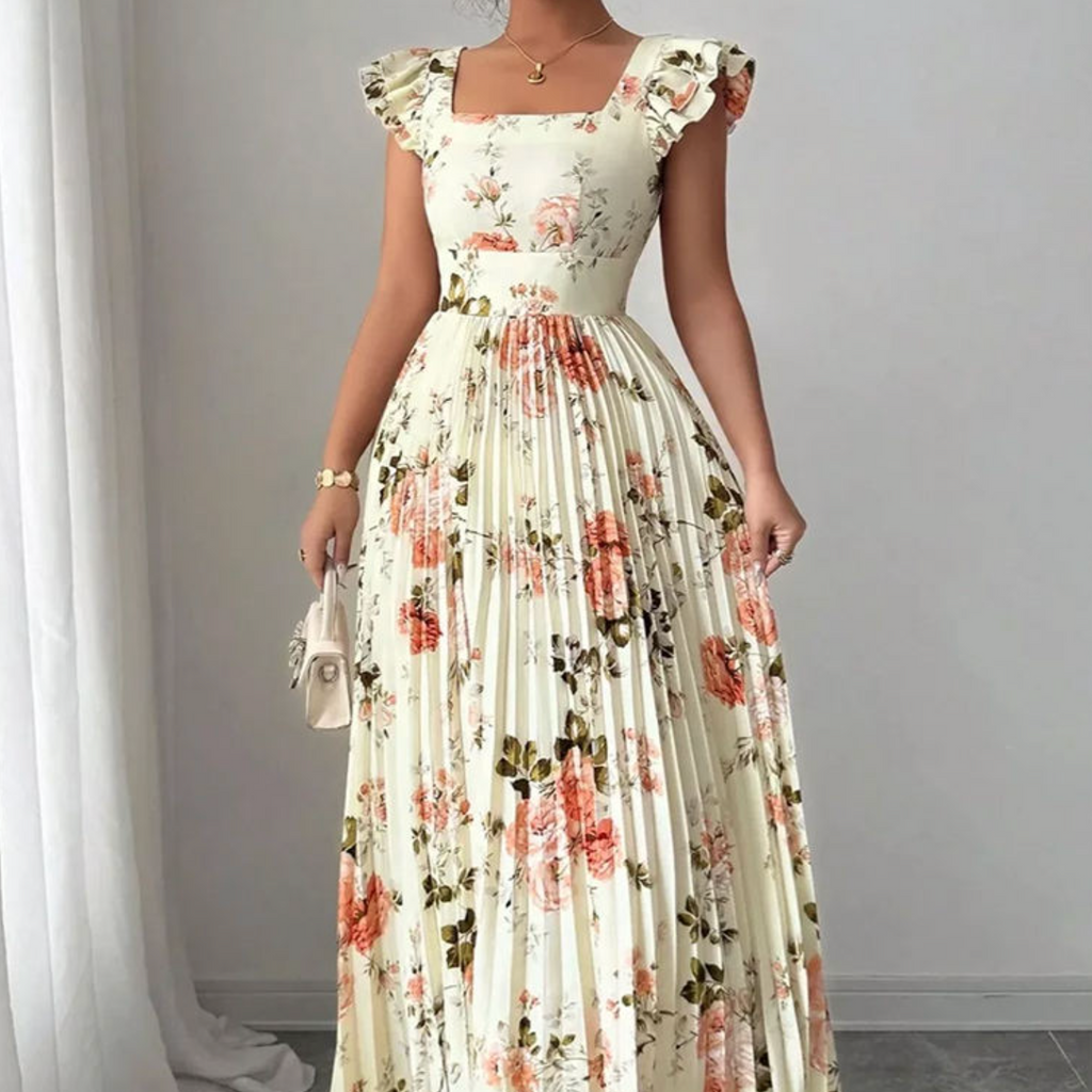 Square Neck Ruffle Sleeve High-Waist Women’s Dress