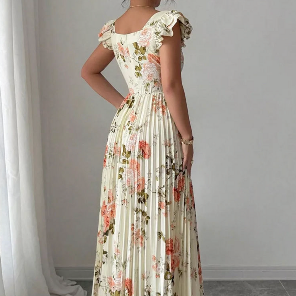 Square Neck Ruffle Sleeve High-Waist Women’s Dress
