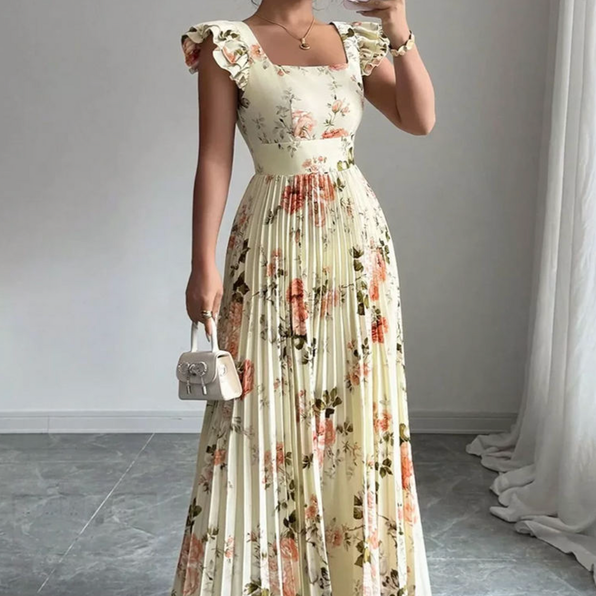 Square Neck Ruffle Sleeve High-Waist Women’s Dress