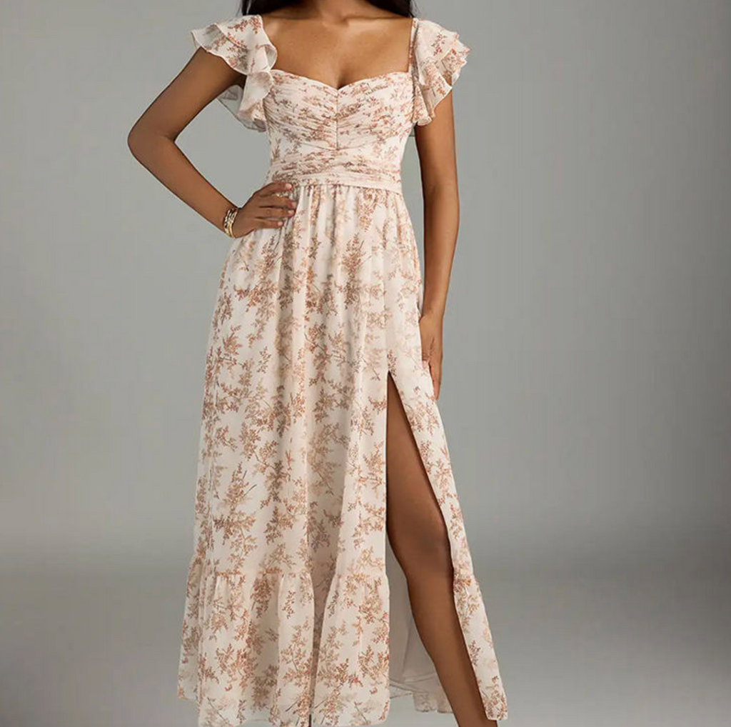 Pink Fern Floral Ruffle Maxi Dress