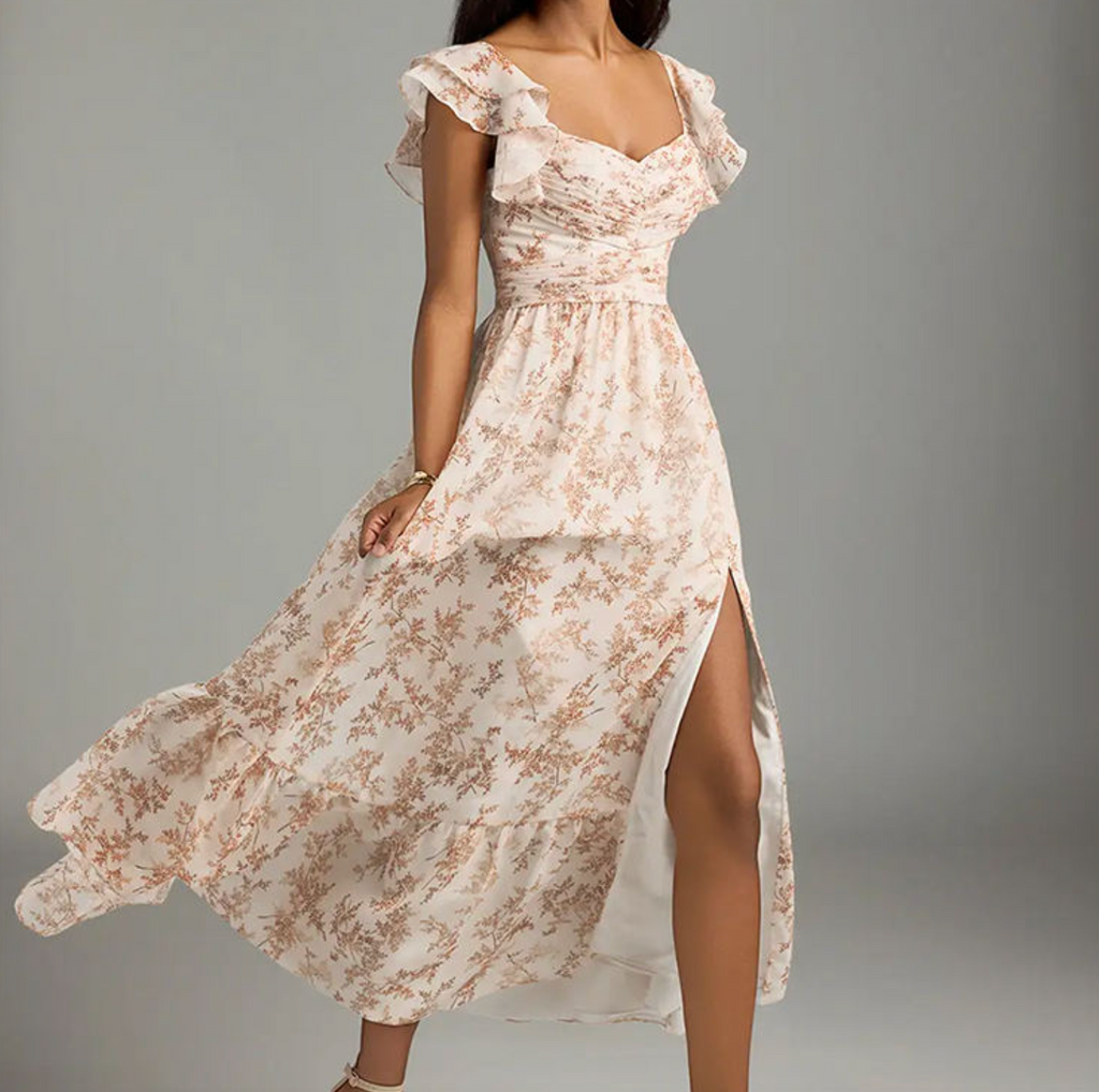 Pink Fern Floral Ruffle Maxi Dress