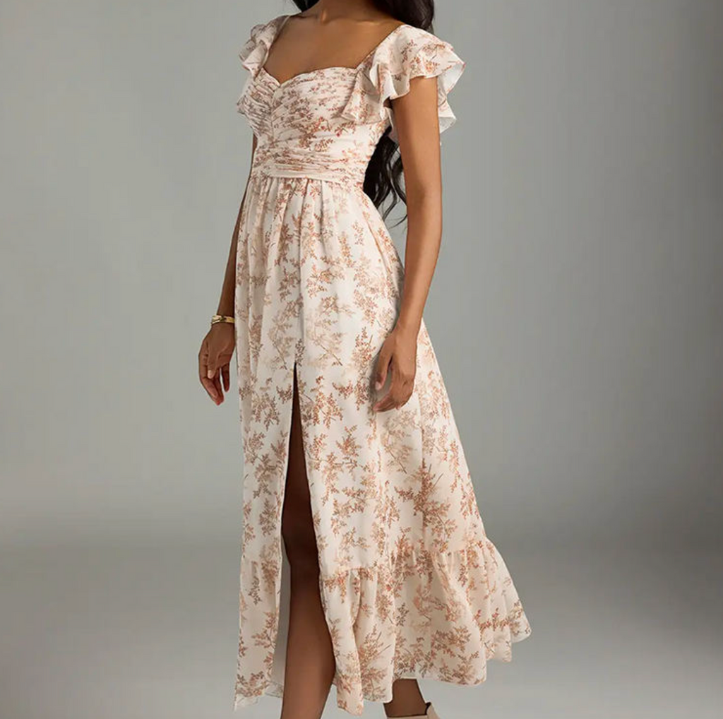 Pink Fern Floral Ruffle Maxi Dress