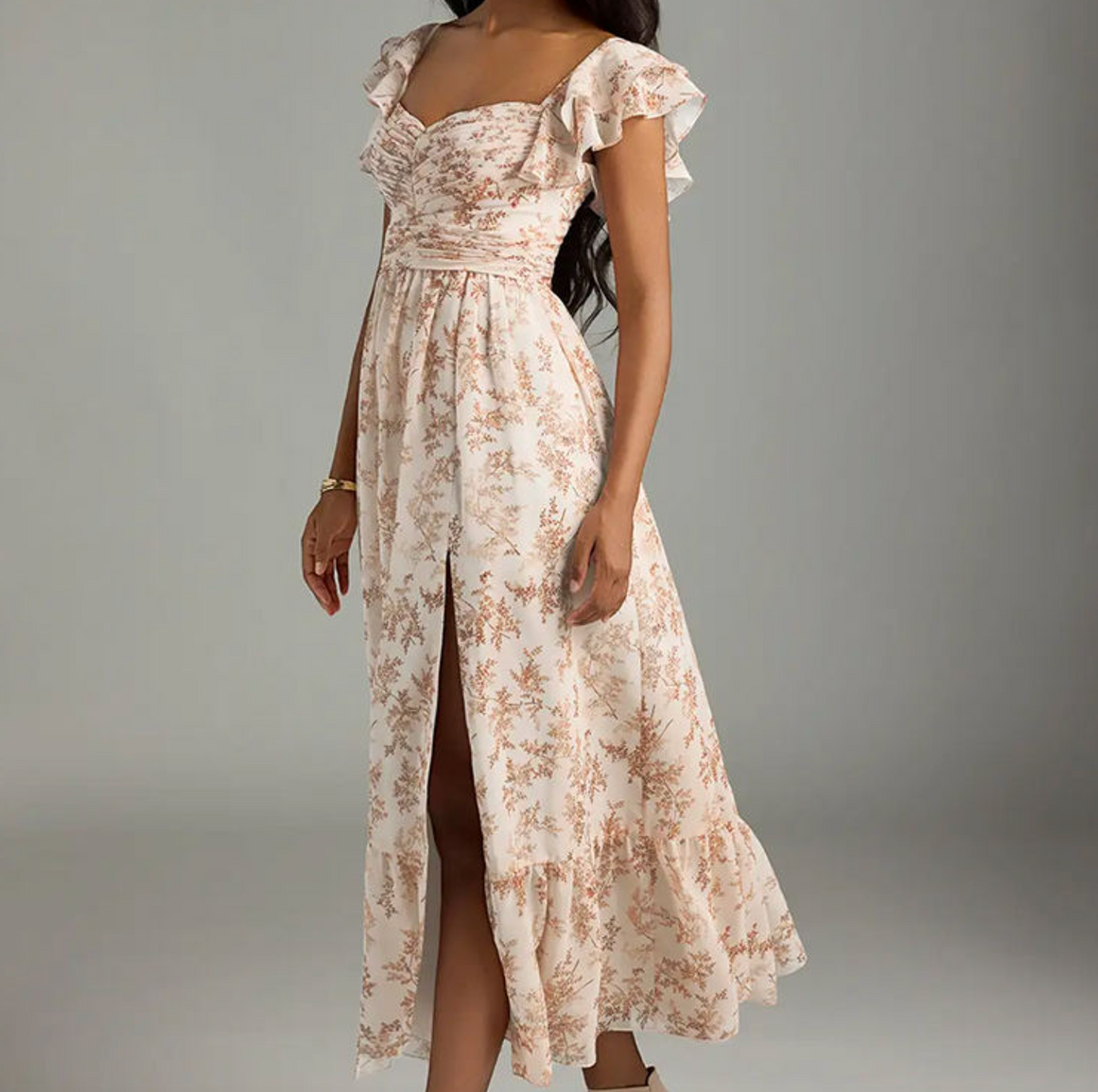 Pink Fern Floral Ruffle Maxi Dress