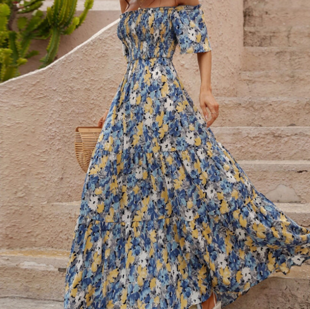 Floral Embroidered Off-Shoulder Maxi Dress