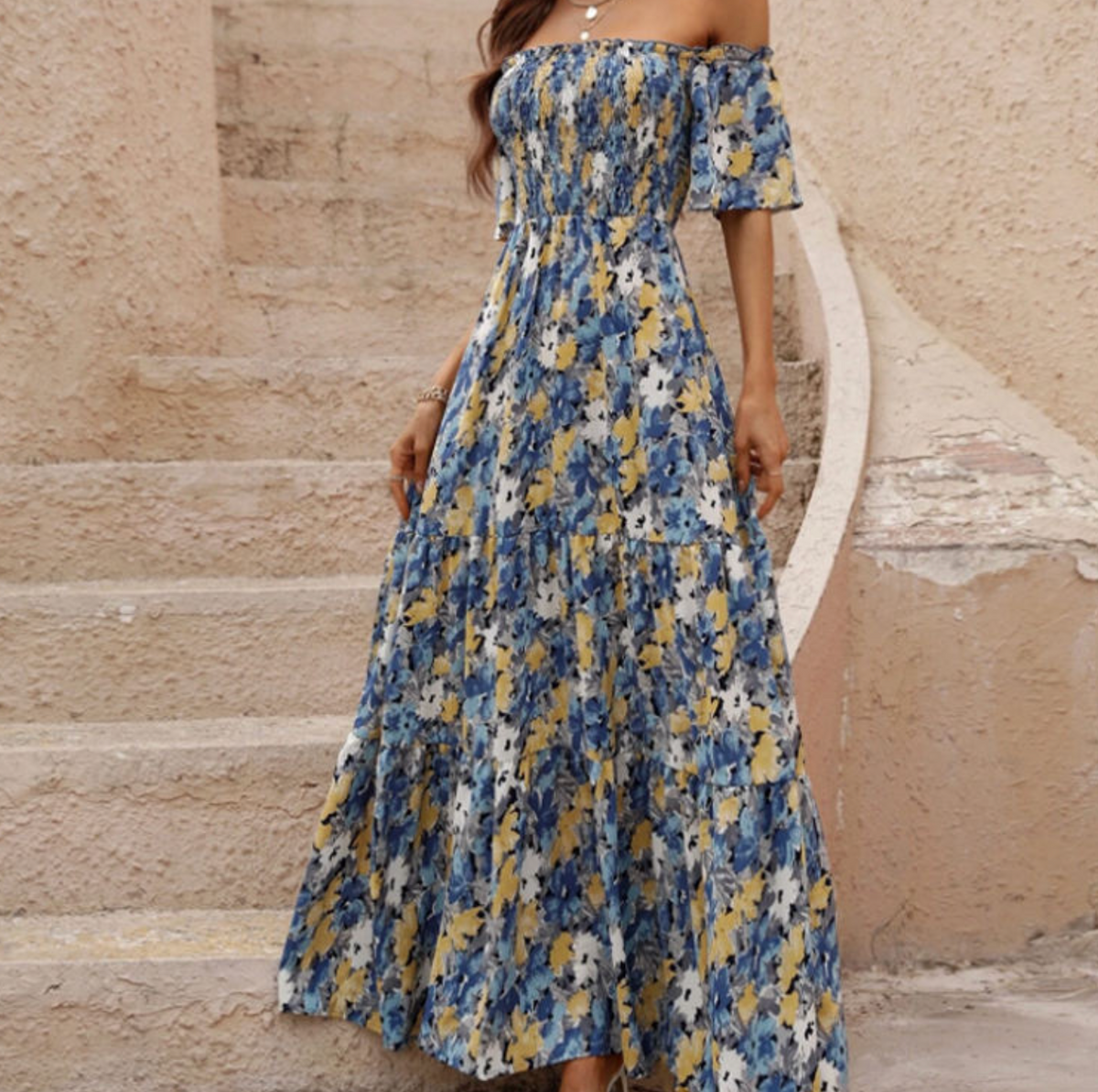 Floral Embroidered Off-Shoulder Maxi Dress